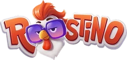 Roostino Casino – logo z kogutem w fioletowych okularach